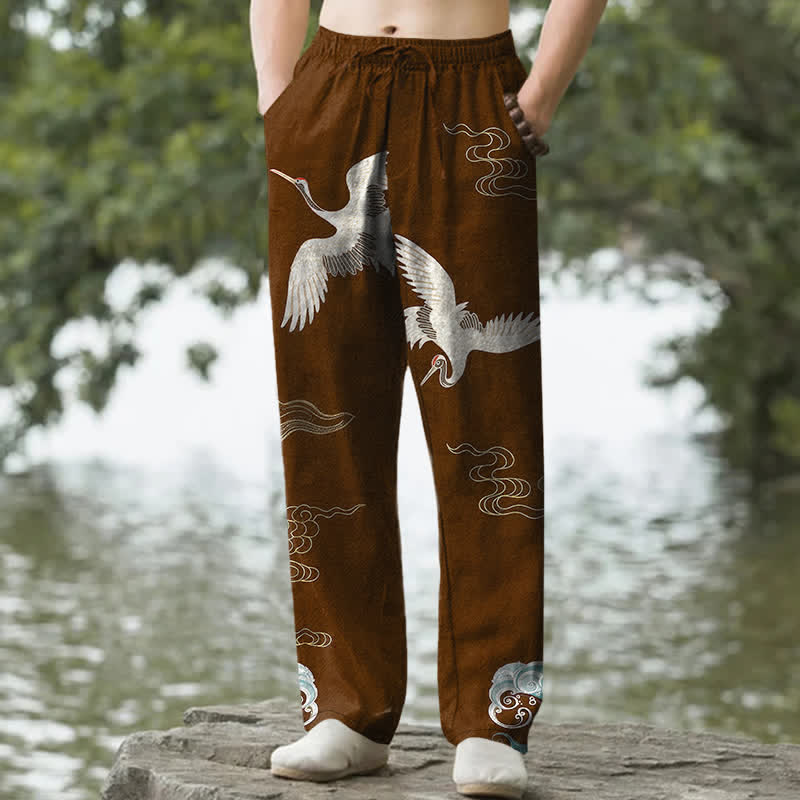 Buddha Stones Pantaloni da uomo affusolati con tasche, in cotone, con stampa di nuvole, gru e onde oceaniche. - Marrone sella - US/UK/AU50, EU60 (5XL) - image 6