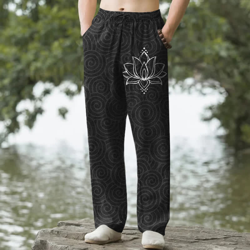 Buddha Stones Pantaloni da uomo affusolati in cotone bianco con motivo a spirale di loto e tasche. - Nero - US/UK/AU50, EU60 (5XL) - image 0