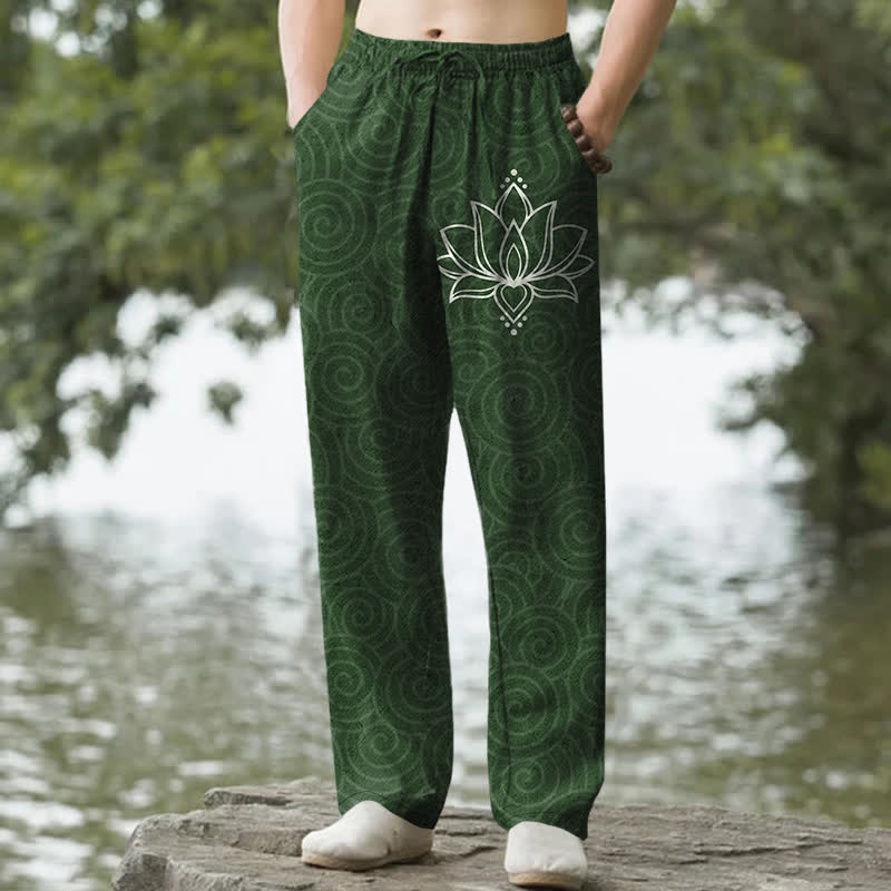 Buddha Stones Pantaloni da uomo affusolati in cotone bianco con motivo a spirale di loto e tasche. - Verde studentesco - US/UK/AU50, EU60 (5XL) - image 4