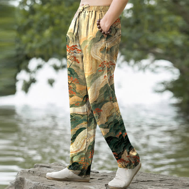 Buddha Stones Pantaloni da uomo affusolati in cotone con motivo floreale di montagne e fiumi, con tasche. - image 1