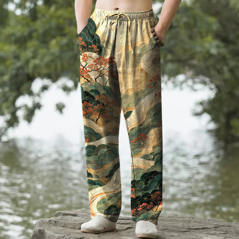 Buddha Stones Pantaloni da uomo affusolati in cotone con motivo floreale di montagne e fiumi, con tasche. - Cachi - US/UK/AU50, EU60 (5XL) - image 0