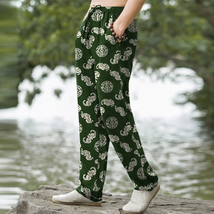 Buddha Stones Pantaloni da uomo affusolati con tasche, modello Longevity Cloud Round Emblem in cotone. - image 5