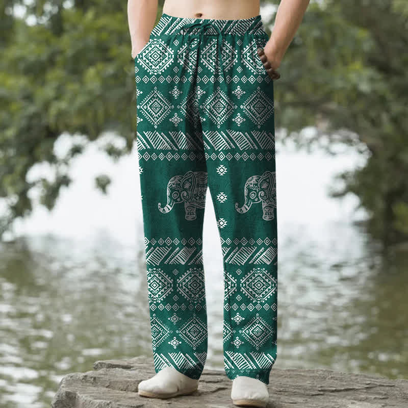 Buddha Stones Pantaloni da uomo affusolati in cotone con motivo tribale a elefanti e tasche. - Ciano scuro - US/UK/AU50, EU60 (5XL) - image 0