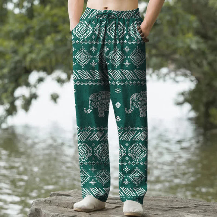Buddha Stones Pantaloni da uomo affusolati in cotone con motivo tribale a elefanti e tasche. - Ciano scuro - US/UK/AU50, EU60 (5XL) - image 0