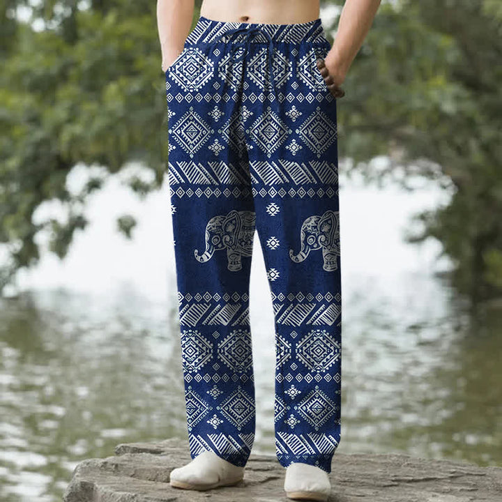 Buddha Stones Pantaloni da uomo affusolati in cotone con motivo tribale a elefanti e tasche. - Marina - US/UK/AU50, EU60 (5XL) - image 4