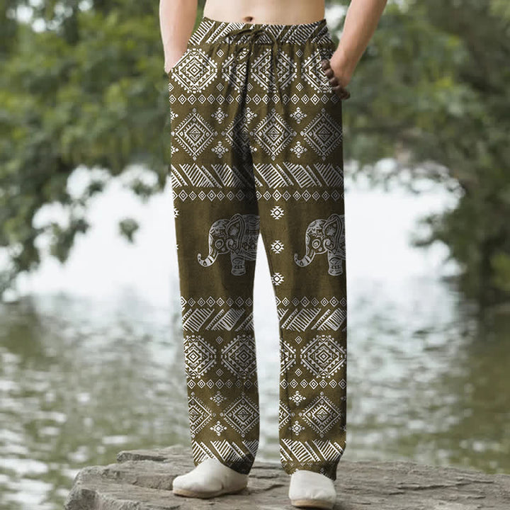 Buddha Stones Pantaloni da uomo affusolati in cotone con motivo tribale a elefanti e tasche. - Oliva - US/UK/AU50, EU60 (5XL) - image 6