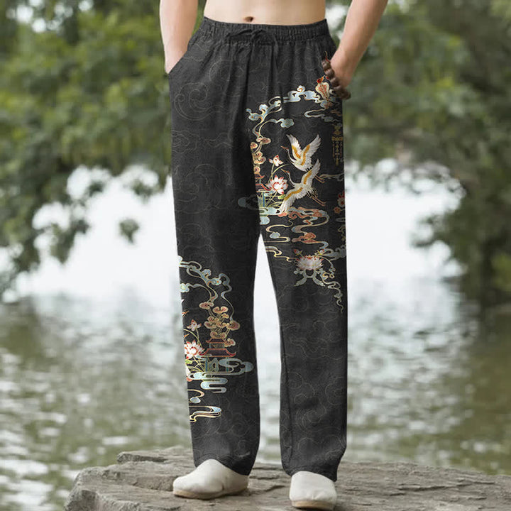 Buddha Stones Pantaloni da uomo affusolati con tasche, in cotone bianco con motivo gru, nuvole propizie e padiglione con loto. - Nero - US/UK/AU50, EU60 (5XL) - image 0