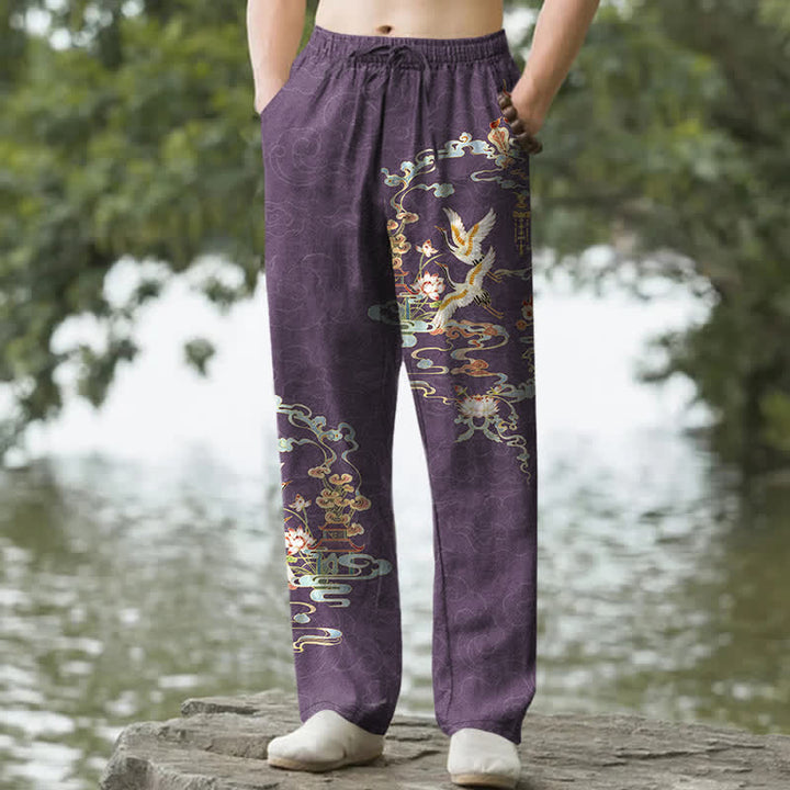 Buddha Stones Pantaloni da uomo affusolati con tasche, in cotone bianco con motivo gru, nuvole propizie e padiglione con loto. - Orchidea media - US/UK/AU50, EU60 (5XL) - image 4