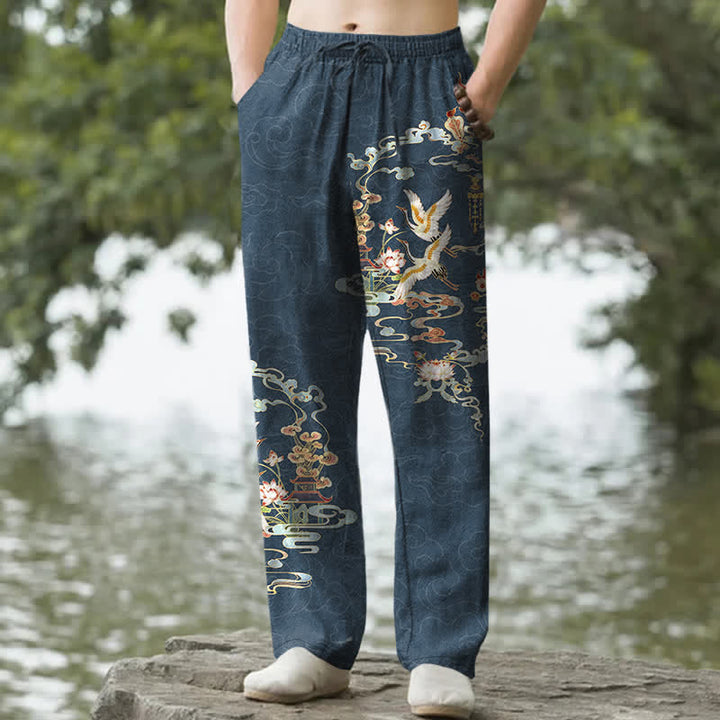 Buddha Stones Pantaloni da uomo affusolati con tasche, in cotone bianco con motivo gru, nuvole propizie e padiglione con loto. - SteelBlue - US/UK/AU50, EU60 (5XL) - image 6