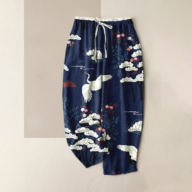 Buddha Stones Pantaloni da donna in puro cotone con elastico in vita e tasche, fantasia "Gru elegante e albero bianco". - Marina - US16, UK/AU20, EU48 (3XL) - image 0