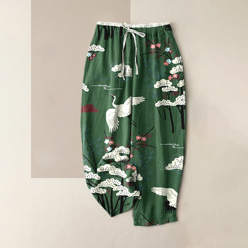 Buddha Stones Pantaloni da donna in puro cotone con elastico in vita e tasche, fantasia "Gru elegante e albero bianco". - Verde studentesco - US16, UK/AU20, EU48 (3XL) - image 4