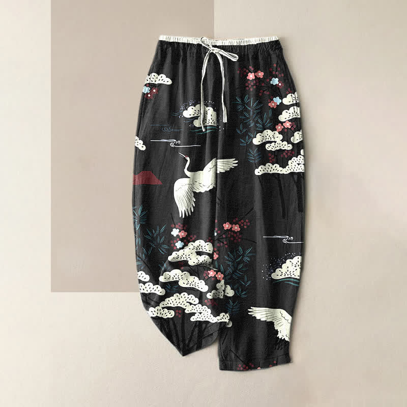 Buddha Stones Pantaloni da donna in puro cotone con elastico in vita e tasche, fantasia "Gru elegante e albero bianco". - Nero - US16, UK/AU20, EU48 (3XL) - image 5