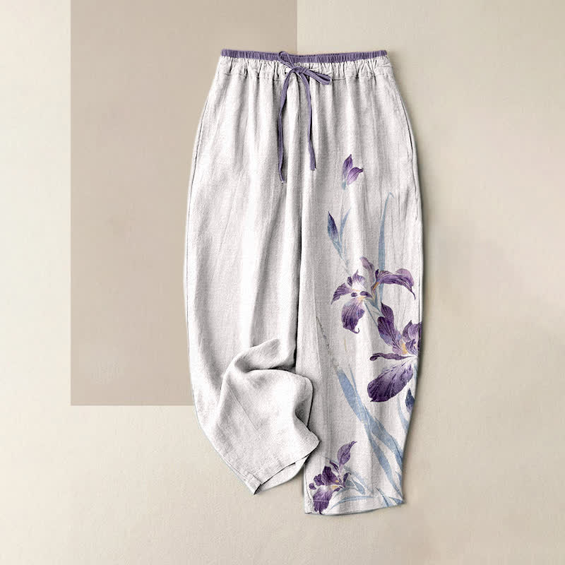 Buddha Stones Pantaloni da donna in puro cotone con elegante fantasia a iris e vita elasticizzata, con tasche. - WhiteSmoke - US16, UK/AU20, EU48 (3XL) - image 0