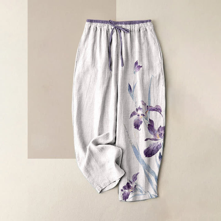 Buddha Stones Pantaloni da donna in puro cotone con elegante fantasia a iris e vita elasticizzata, con tasche. - WhiteSmoke - US16, UK/AU20, EU48 (3XL) - image 0