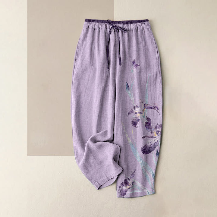 Buddha Stones Pantaloni da donna in puro cotone con elegante fantasia a iris e vita elasticizzata, con tasche. - Lavanda - US16, UK/AU20, EU48 (3XL) - image 3