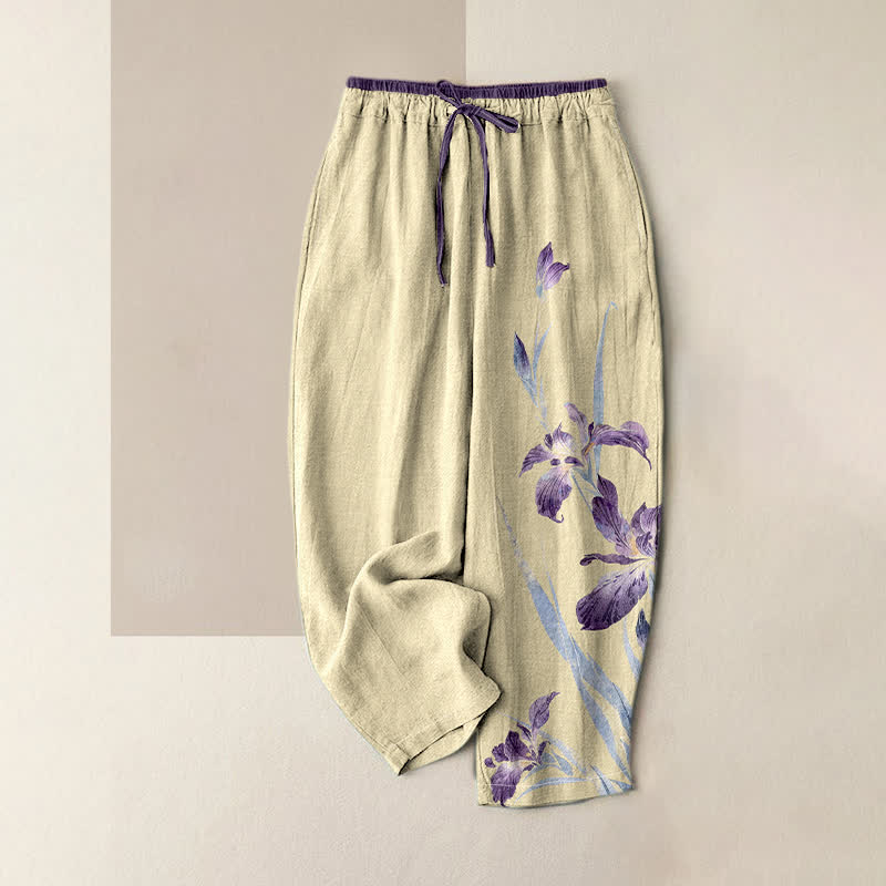 Buddha Stones Pantaloni da donna in puro cotone con elegante fantasia a iris e vita elasticizzata, con tasche. - LemonChiffon - US16, UK/AU20, EU48 (3XL) - image 4