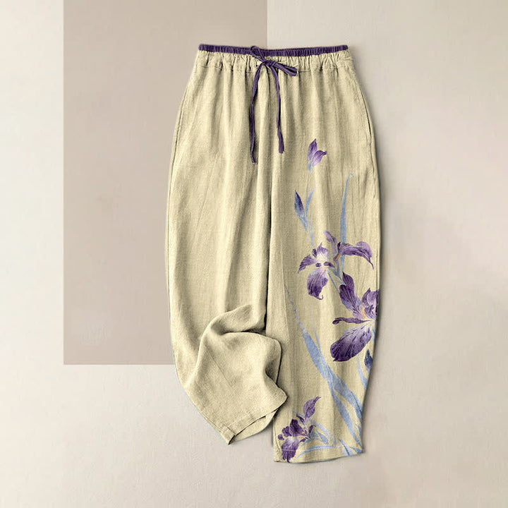 Buddha Stones Pantaloni da donna in puro cotone con elegante fantasia a iris e vita elasticizzata, con tasche. - LemonChiffon - US16, UK/AU20, EU48 (3XL) - image 4