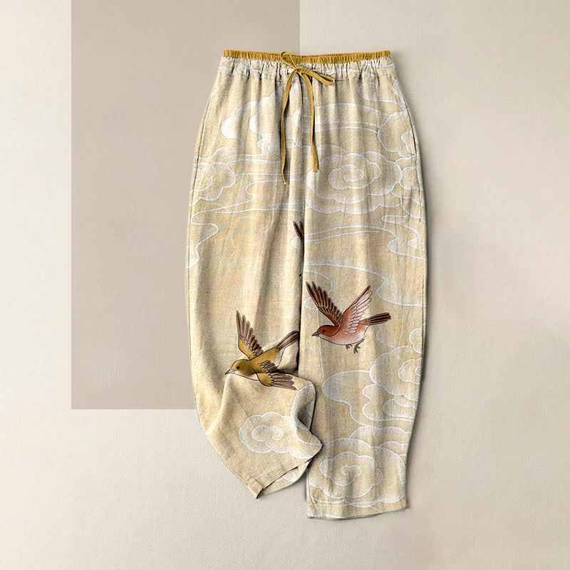 Buddha Stones Pantaloni da donna in puro cotone con elastico in vita e tasche, fantasia nuvole e uccelli in volo. - LemonChiffon - US16, UK/AU20, EU48 (3XL) - image 0