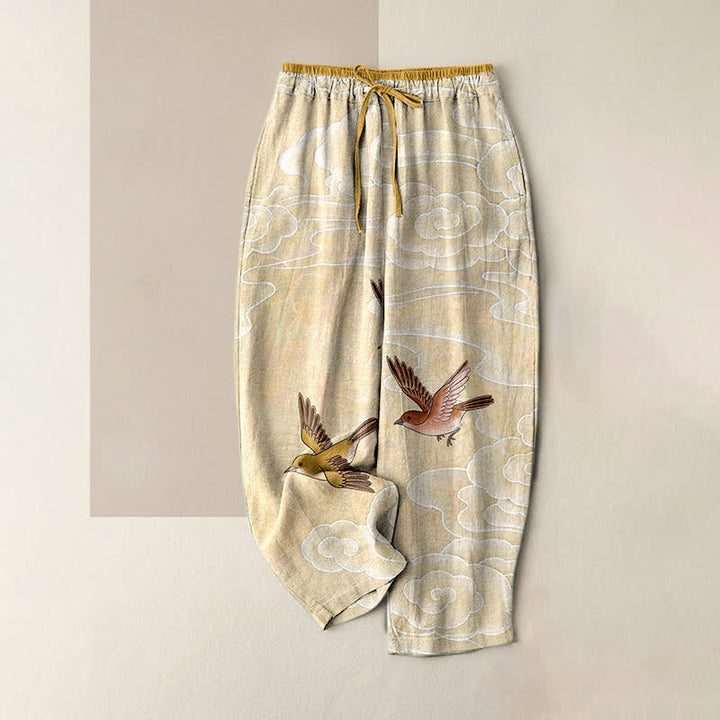 Buddha Stones Pantaloni da donna in puro cotone con elastico in vita e tasche, fantasia nuvole e uccelli in volo. - LemonChiffon - US16, UK/AU20, EU48 (3XL) - image 0