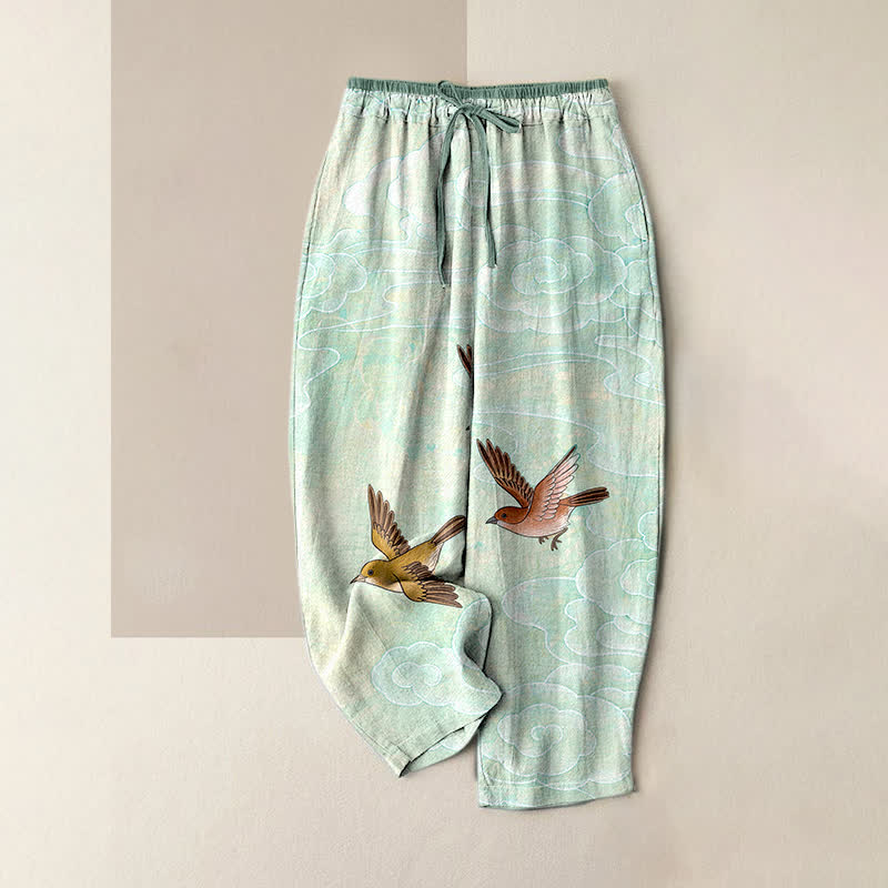 Buddha Stones Pantaloni da donna in puro cotone con elastico in vita e tasche, fantasia nuvole e uccelli in volo. - Turchese pallido - US16, UK/AU20, EU48 (3XL) - image 3