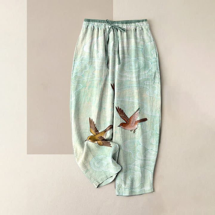 Buddha Stones Pantaloni da donna in puro cotone con elastico in vita e tasche, fantasia nuvole e uccelli in volo. - Turchese pallido - US16, UK/AU20, EU48 (3XL) - image 3
