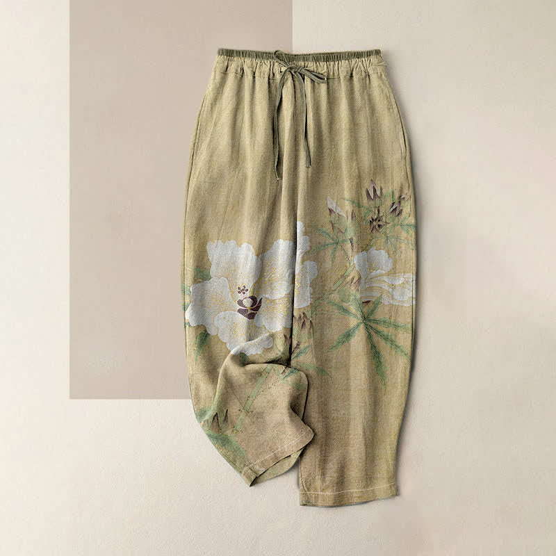 Buddha Stones Pantaloni da donna in puro cotone bianco con motivo floreale e foglie, vita elasticizzata e tasche. - Cachi scuro - US16, UK/AU20, EU48 (3XL) - image 0