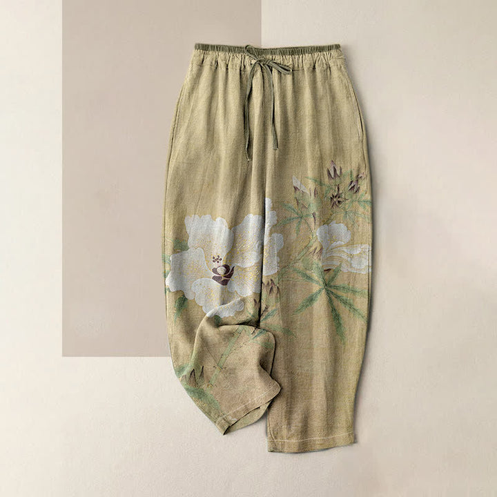Buddha Stones Pantaloni da donna in puro cotone bianco con motivo floreale e foglie, vita elasticizzata e tasche. - Cachi scuro - US16, UK/AU20, EU48 (3XL) - image 0