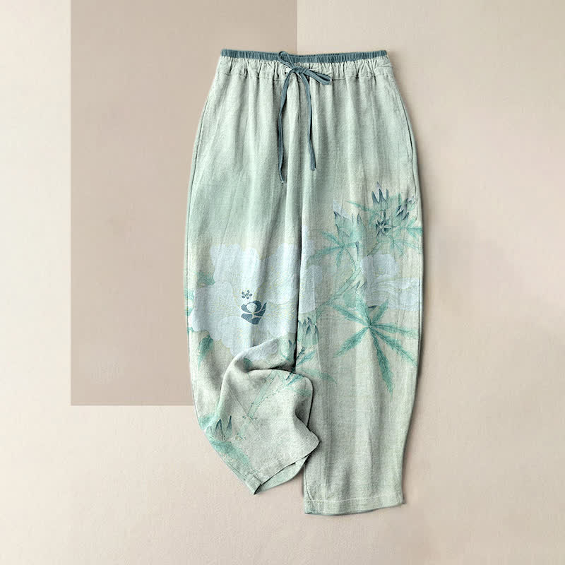 Buddha Stones Pantaloni da donna in puro cotone bianco con motivo floreale e foglie, vita elasticizzata e tasche. - Ciano chiaro - US16, UK/AU20, EU48 (3XL) - image 3