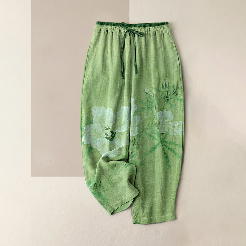 Buddha Stones Pantaloni da donna in puro cotone bianco con motivo floreale e foglie, vita elasticizzata e tasche. - Verde chiaro - US16, UK/AU20, EU48 (3XL) - image 4
