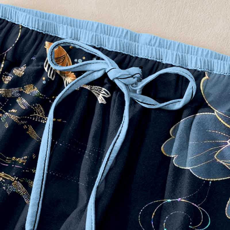 Buddha Stones Pantaloni da donna in puro cotone con elastico in vita e tasche, stampa di carpe koi e loto. - image 1