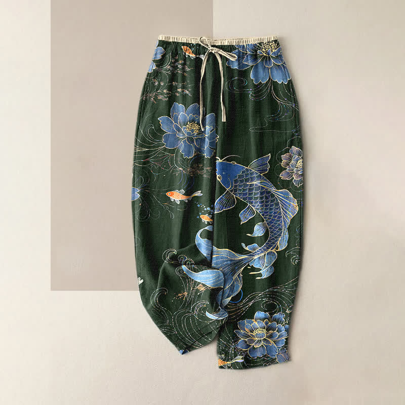 Buddha Stones Pantaloni da donna in puro cotone con elastico in vita e tasche, stampa di carpe koi e loto. - Verde scuro - US16, UK/AU20, EU48 (3XL) - image 4