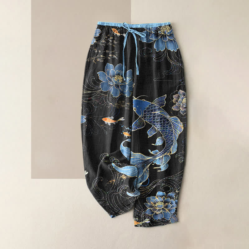 Buddha Stones Pantaloni da donna in puro cotone con elastico in vita e tasche, stampa di carpe koi e loto. - Nero - US16, UK/AU20, EU48 (3XL) - image 5