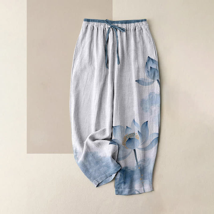 Buddha Stones Pantaloni da donna in puro cotone con stampa a inchiostro di loto, elastico in vita e tasche. - Azzurro chiaro - US16, UK/AU20, EU48 (3XL) - image 0