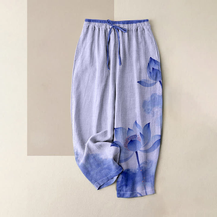 Buddha Stones Pantaloni da donna in puro cotone con stampa a inchiostro di loto, elastico in vita e tasche. - Blu Ardesia Medio - US16, UK/AU20, EU48 (3XL) - image 3