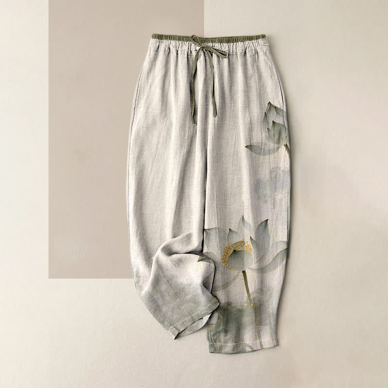 Buddha Stones Pantaloni da donna in puro cotone con stampa a inchiostro di loto, elastico in vita e tasche. - Biancheria - US16, UK/AU20, EU48 (3XL) - image 4
