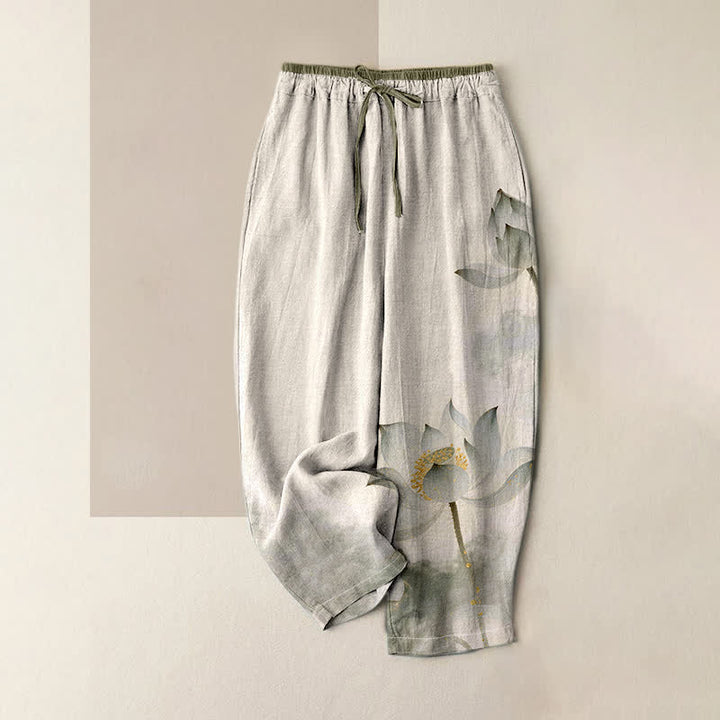 Buddha Stones Pantaloni da donna in puro cotone con stampa a inchiostro di loto, elastico in vita e tasche. - Biancheria - US16, UK/AU20, EU48 (3XL) - image 4