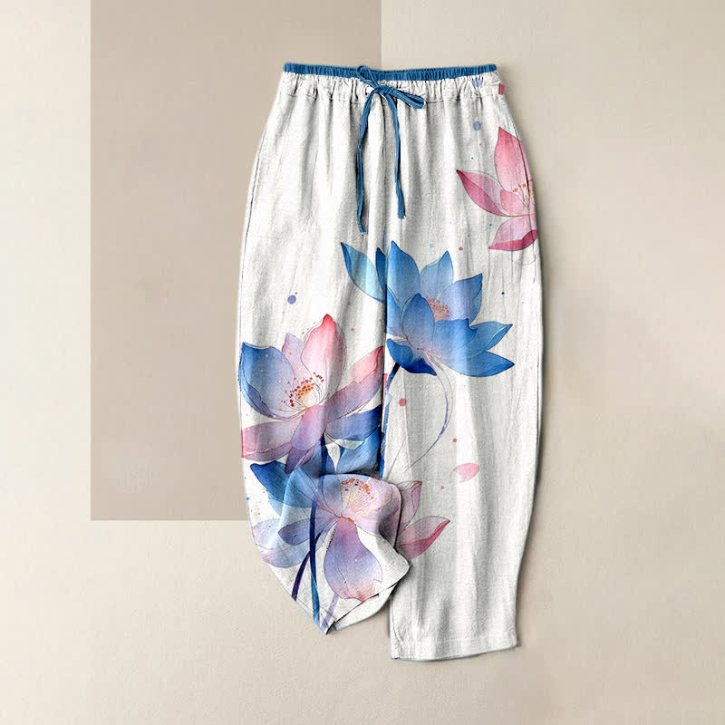 Buddha Stones Pantaloni da donna in puro cotone con stampa a loto acquerellata, elastico in vita e tasche. - Bianco - US16, UK/AU20, EU48 (3XL) - image 0