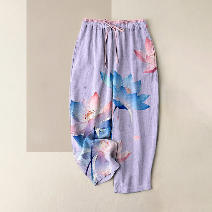Buddha Stones Pantaloni da donna in puro cotone con stampa a loto acquerellata, elastico in vita e tasche. - Lavanda - US16, UK/AU20, EU48 (3XL) - image 3