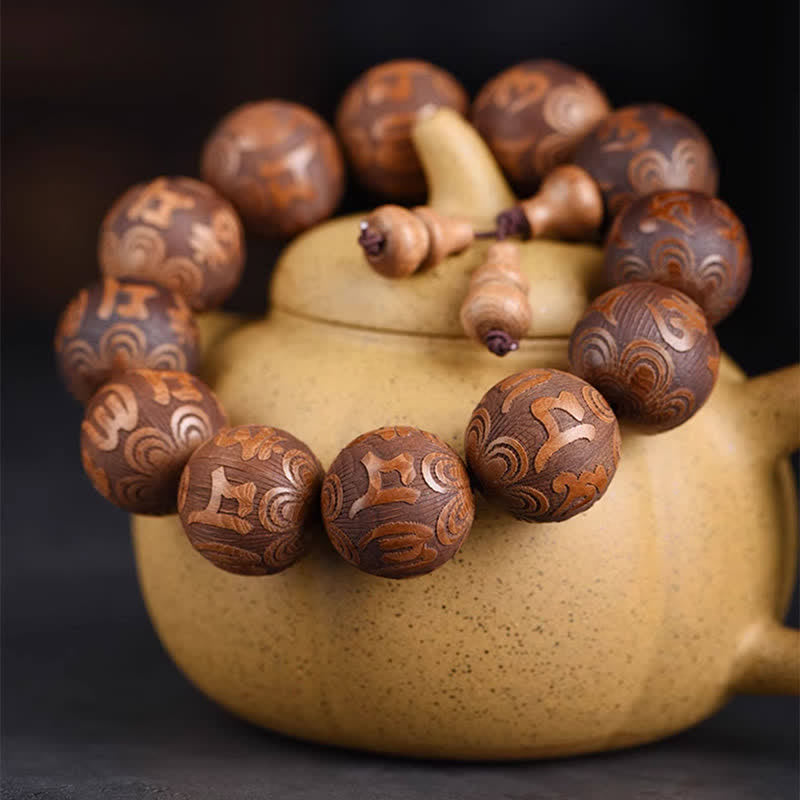 Buddha Stones Braccialetto in legno naturale di Abelia Biflora con sutra del cuore Om Mani Padme Hum - image 1
