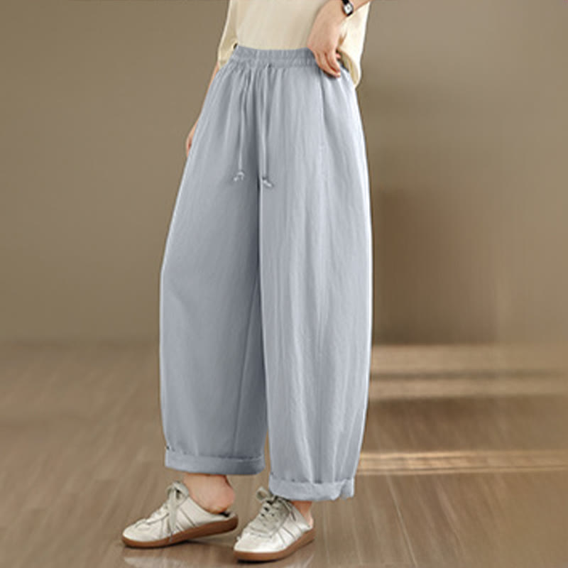 Buddha Stones Pantaloni estivi casual da donna a gamba larga con coulisse e tasche, modello cropped a tinta unita. - image 18