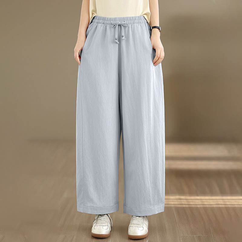 Buddha Stones Pantaloni estivi casual da donna a gamba larga con coulisse e tasche, modello cropped a tinta unita. - image 19