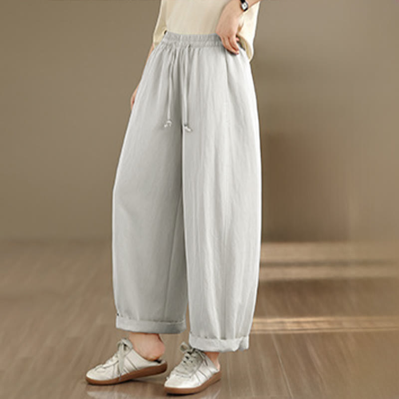 Buddha Stones Pantaloni estivi casual da donna a gamba larga con coulisse e tasche, modello cropped a tinta unita. - image 24