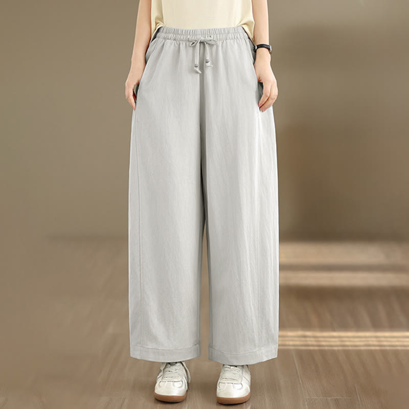 Buddha Stones Pantaloni estivi casual da donna a gamba larga con coulisse e tasche, modello cropped a tinta unita. - image 27