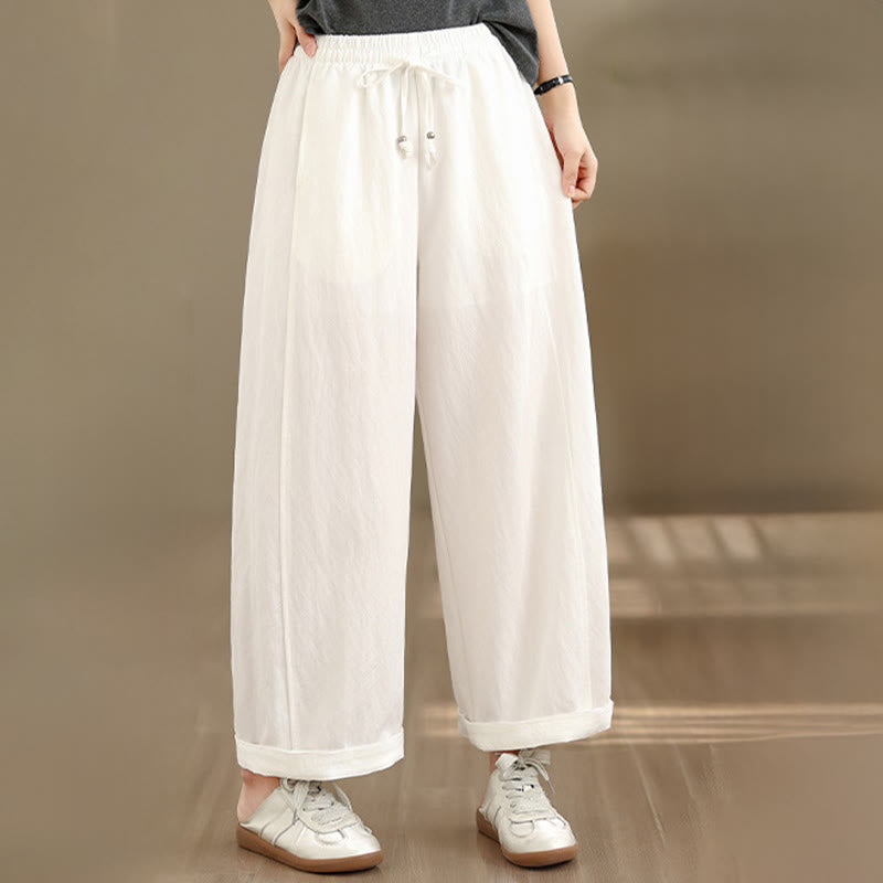 Buddha Stones Pantaloni estivi casual da donna a gamba larga con coulisse e tasche, modello cropped a tinta unita. - image 2