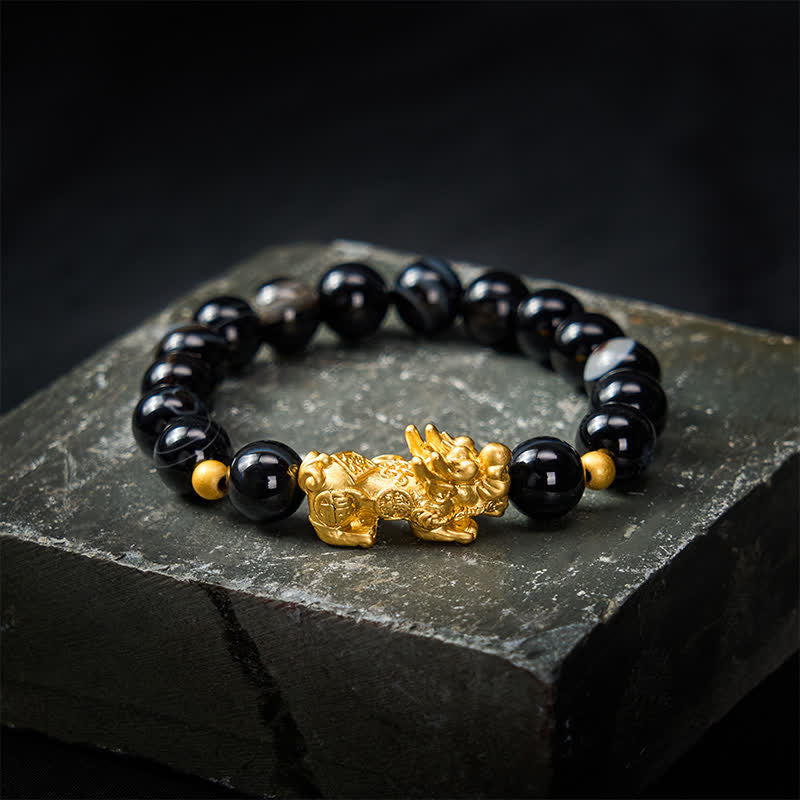 Buddha Stones Bracciale portafortuna PiXiu in agata a strisce marroni. - Agata striata marrone (radicamento ♥ protezione) - image 0