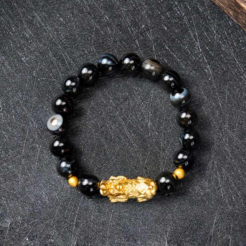 Buddha Stones Bracciale portafortuna PiXiu in agata a strisce marroni. - image 2