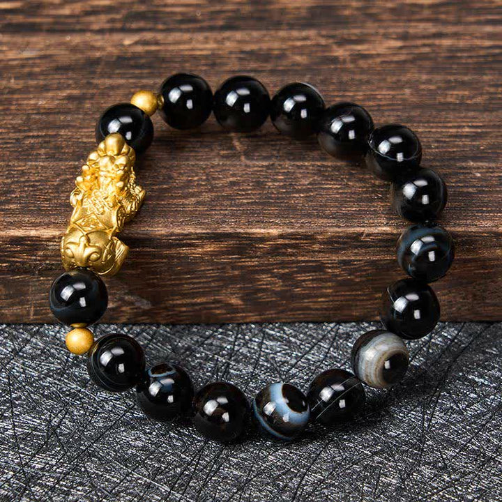 Buddha Stones Bracciale portafortuna PiXiu in agata a strisce marroni. - image 1