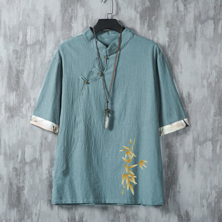 Buddha Stones Camicia da uomo a maniche corte in bambù, stile estivo Tang, casual, con bottoni a rana. - Cadetto Blu - US/UK/AU46, EU56 (5XL) - image 0