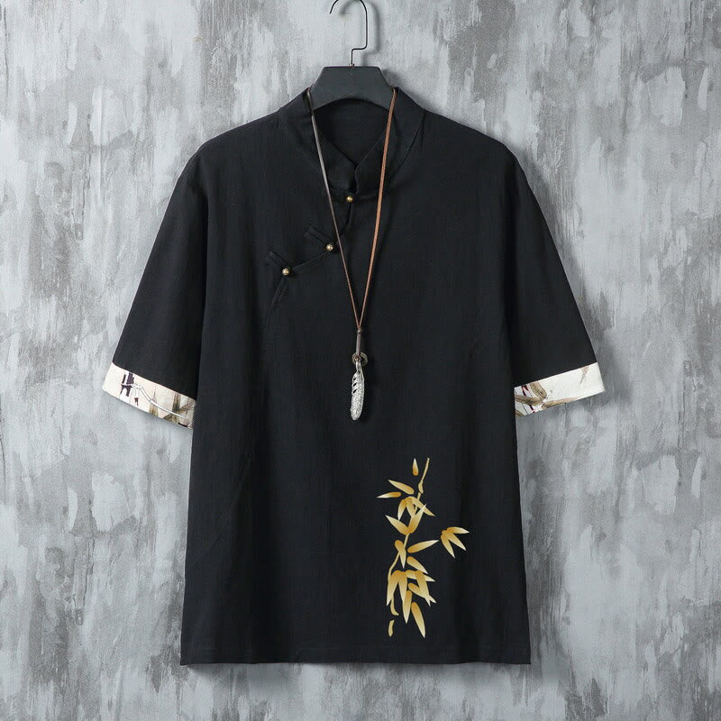 Buddha Stones Camicia da uomo a maniche corte in bambù, stile estivo Tang, casual, con bottoni a rana. - Nero - US/UK/AU46, EU56 (5XL) - image 1