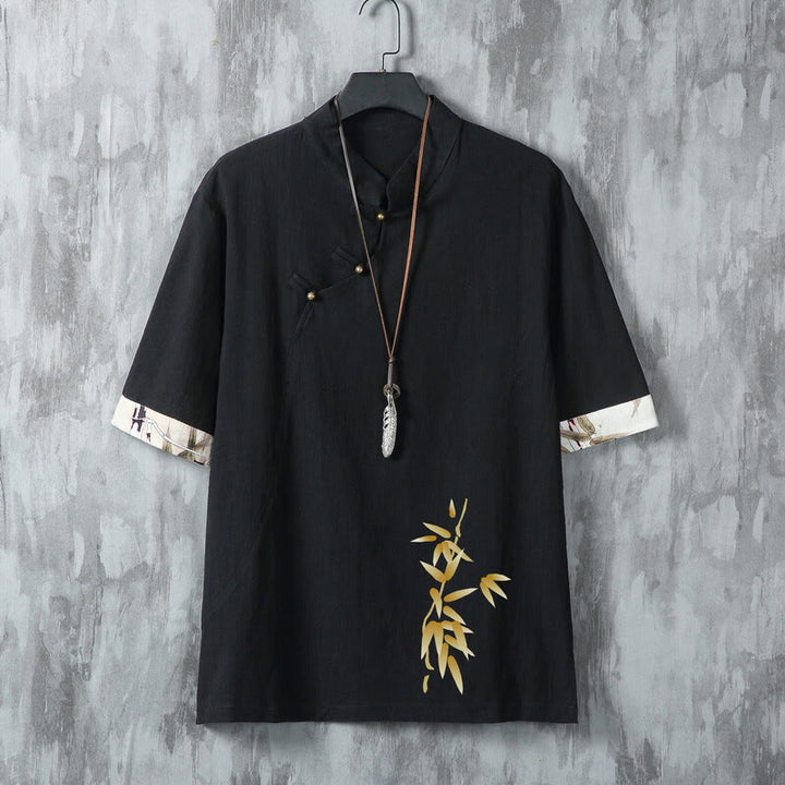 Buddha Stones Camicia da uomo a maniche corte in bambù, stile estivo Tang, casual, con bottoni a rana. - Nero - US/UK/AU46, EU56 (5XL) - image 1